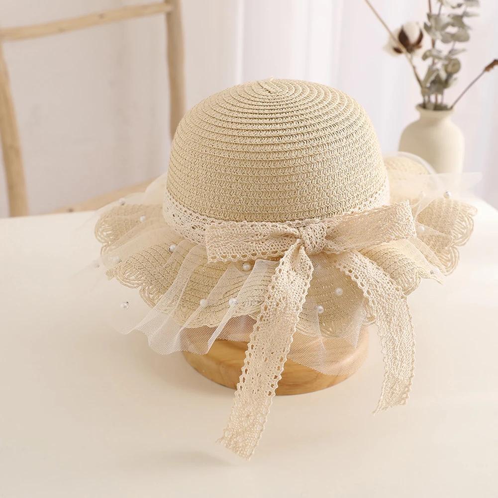 Elegant Summer Kids Straw Hat with Lace Wide Brim Cute Breathable Sun Hat Shoulder Bag for Girls Beach Outdoor Sunscreen