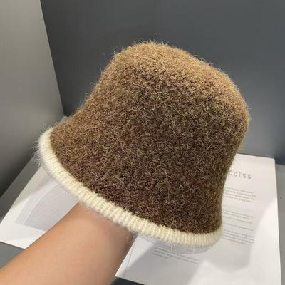 Autumn and Winter Color Blocking and Outlined Woolen Hat for Women Simple and Casual Versatile  Face Covering  Warm and Ear Protecting Bucket Hat
