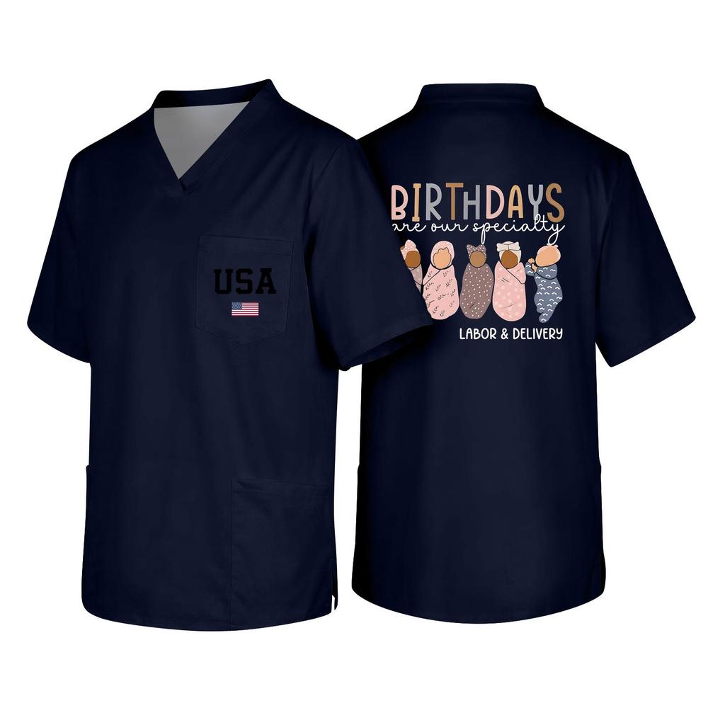 Men's Short Sleeve V-Neck Scrub Top with Pocket - Labor Day Fun Print - Uniform Tunic