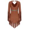 Girls Native American Cosplay Dress V Neck Long Fringed Sleeve Side Waist Zipper Back Cut Out Tassel Hem Dress