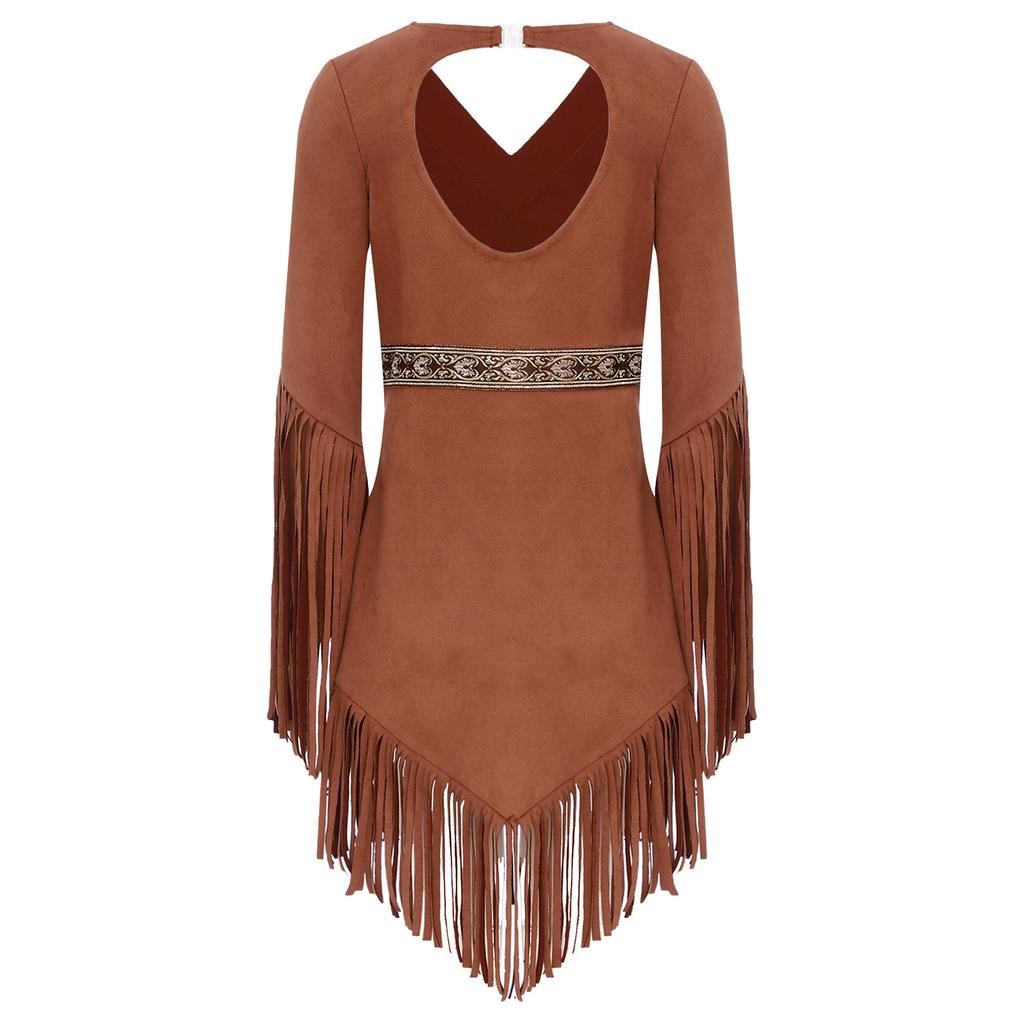 Girls Native American Cosplay Dress V Neck Long Fringed Sleeve Side Waist Zipper Back Cut Out Tassel Hem Dress