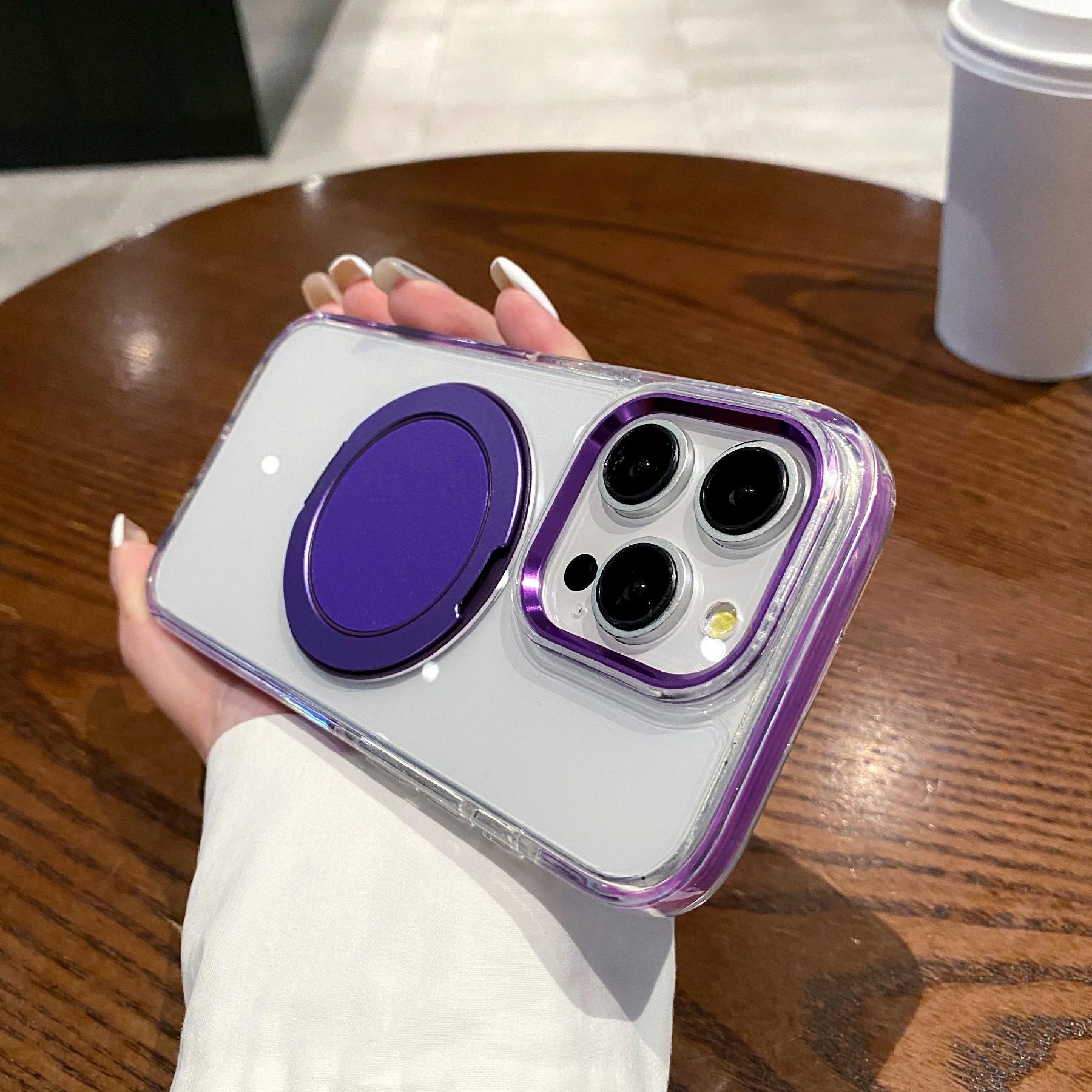 

Для iPhone 15 Pro Max Магнітний чохол з підставкою PC+TPU Прозора задня кришка для телефону Purple