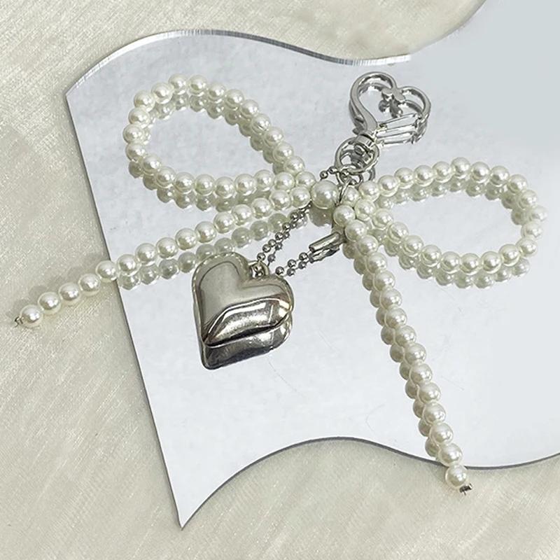 Pearl Decoration For Bags airpods Phones Strap Lanyard Delicate Beaded Key Chain Bow Shaped Keyring Heart Keychain Ornament