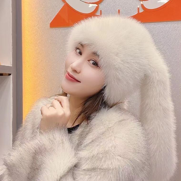 Winter long-eared cute rabbit ears fluffy fluffy hat versatile ear protection headgear thickened warm imitation leather