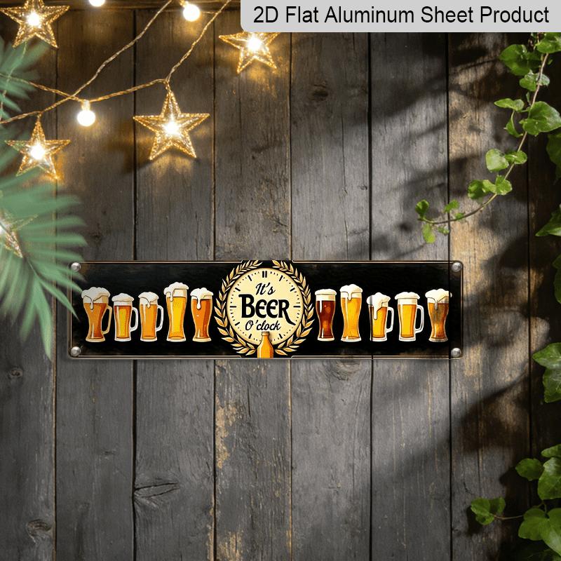 2D Flat, Rustic "It'S Beer O'Clock" Metal Wall Decor - Vintage Pub Sign with Beer Illustrations Alumium Decorative Sign, 3.93X15.74inch, Durable