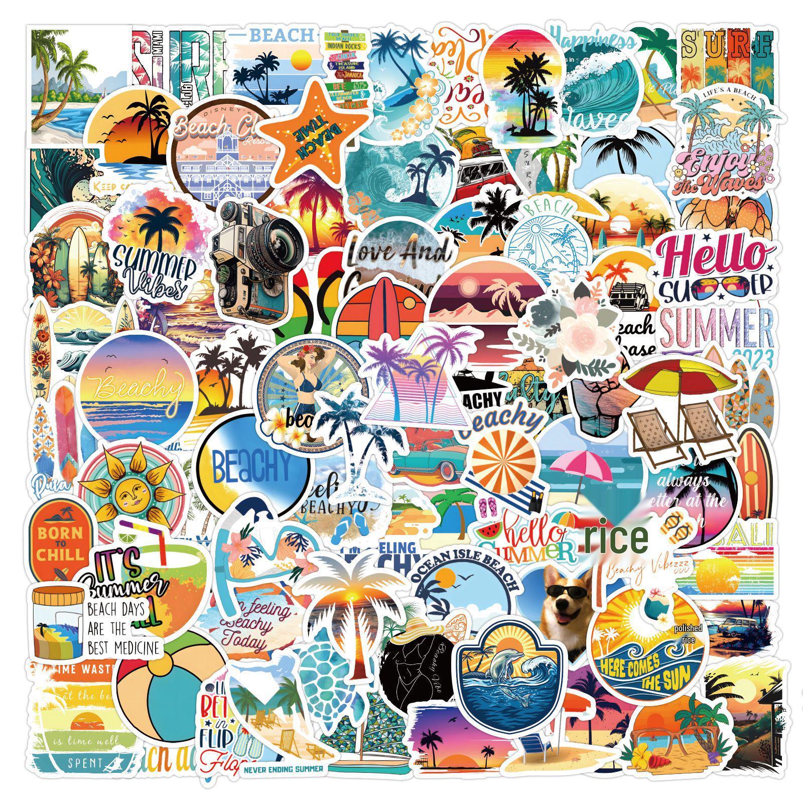 

120 Cross-border Summer Beach Coconut Tree Cartoon Stickers - Waterproof for Water Bottles, Guitars, and DIY Decor.