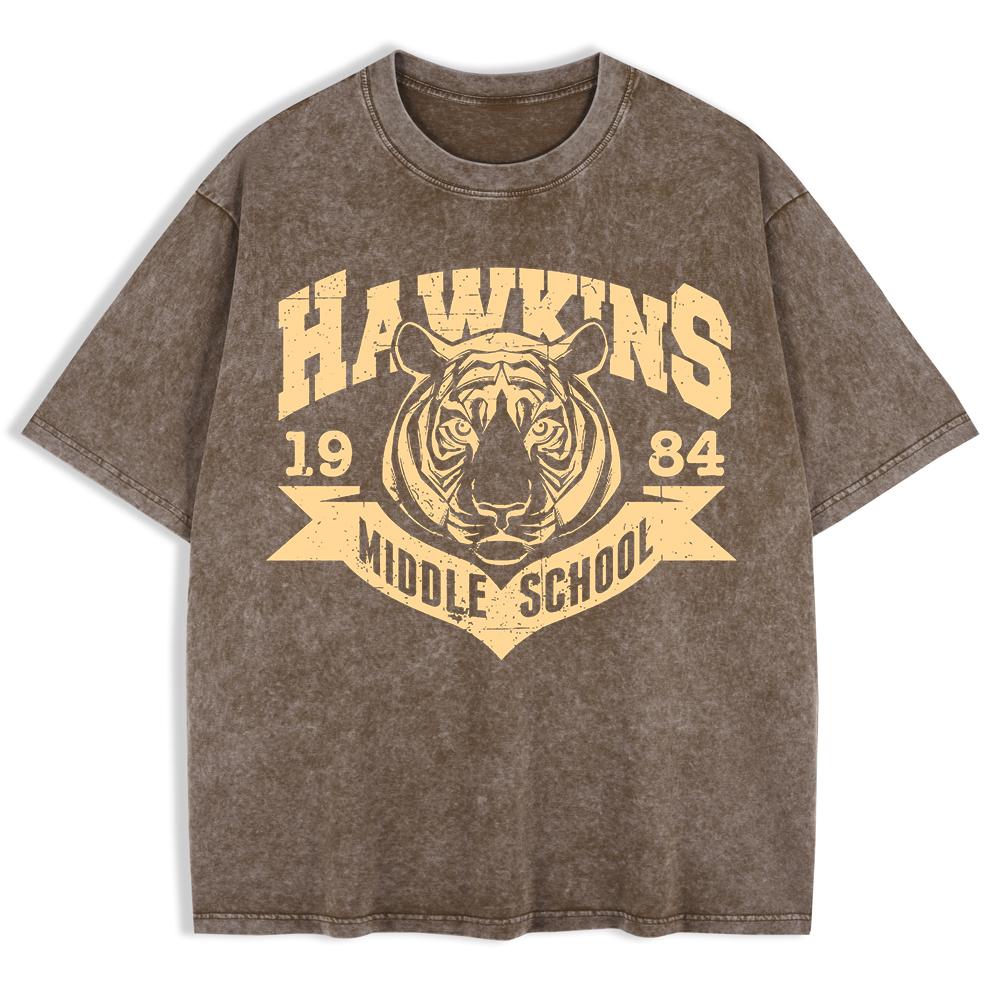 Hawkins Middle School 1984 Prints Washed T-Shirt Mens Cotton Short Sleeve Tops Street O-Neck Oversize T Shirt Clothes