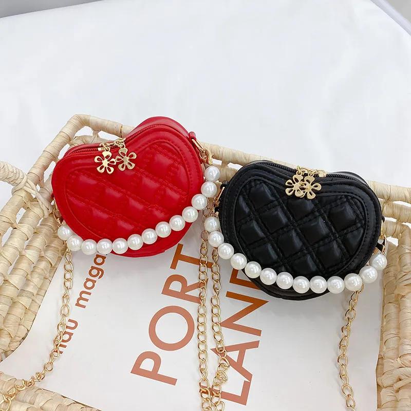Cute Children's Heart-shaped Crossbody Bags Pearl Handle Girls Mini Shoulder Messenger Bag Princess Wallet Coin Purse Handbags