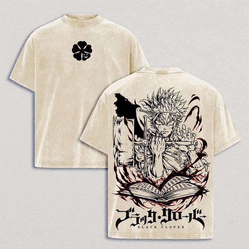 Black Clover Asta Anime T-shir Vintage Gothic Y2k Washed Oversized T Shirt Men Unisex Clothing Short Sleeve Cotton Tees Tops XXL бежевый 1640₽