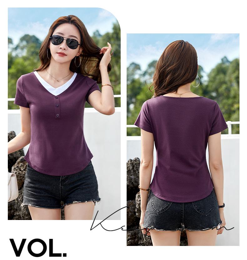 2026 Summer Women's Stylish V-neck Color Block Slim Fit Short-Sleeve Fake Two-Piece Top