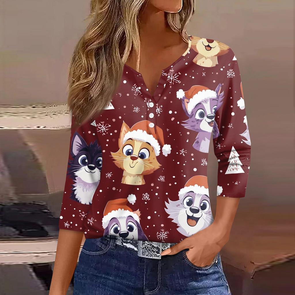 Women's T Shirt Tee Christmas Printed Button 3/4 Sleeve Tunic Daily Weekend Fashion Basic V- Neck Regular Top