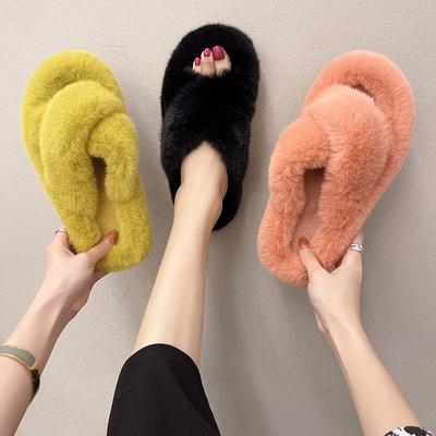 2024 Autumn and Winter Internet Celebrity Slippers Foreign Trade Cross Hair Slippers Women's Shoes Outside Wear Warm Indoor Women's Shoes Tide