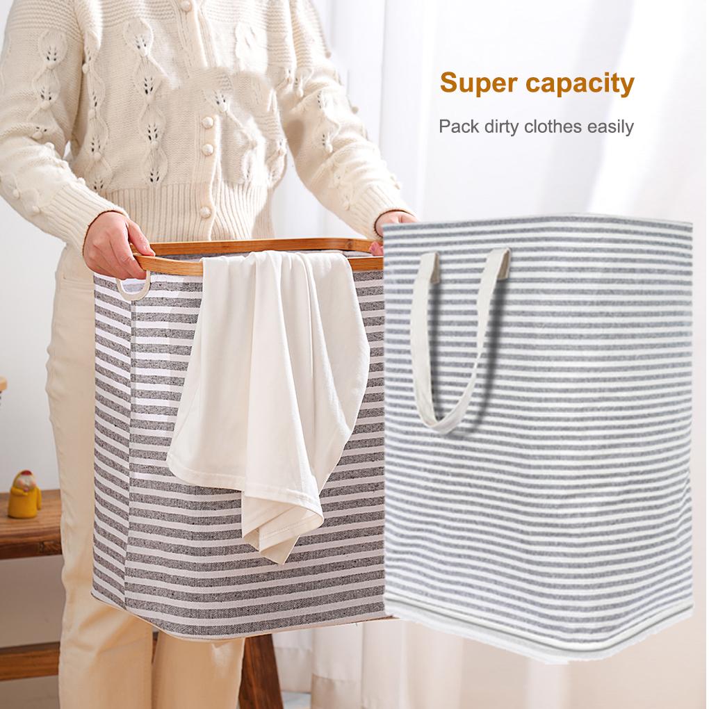 Laundry Basket Stripe Reusable Canvas Large Capacity Clothes Storage Bag Portable Washing Bin Baskets Container with Handle