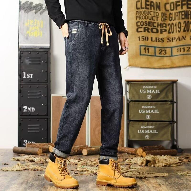 Autumn and winter elastic waist jeans men's drawstring trousers elastic micro-cone straight pants men's fashion pants
