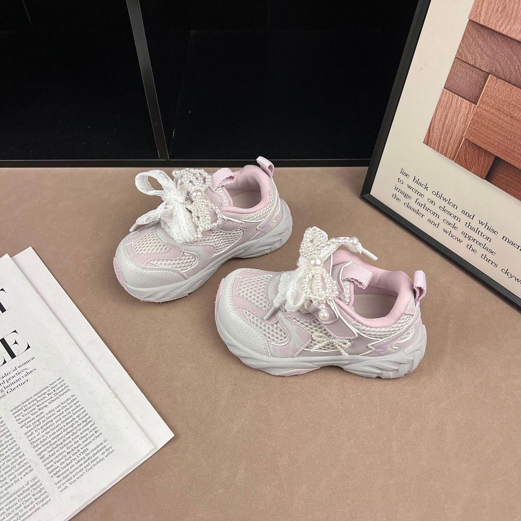 Girls' Lightweight Rhinestone Bow Sneakers - 2026 Spring/Autumn Fashion Sports Shoes