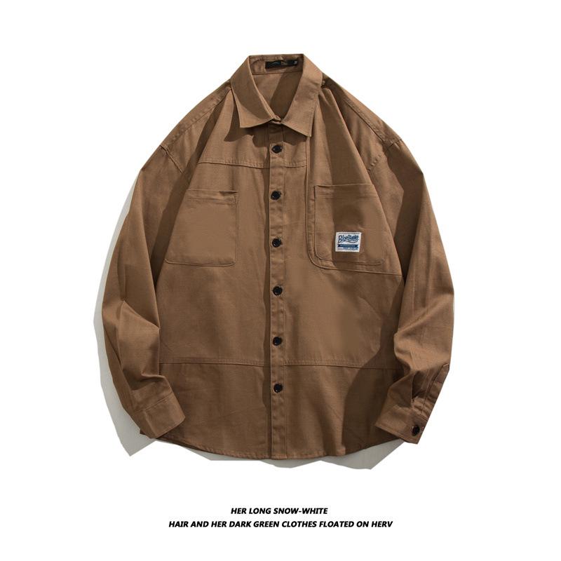 

2022 Men s Khaki American Retro Large Loose Work Shirt, Long Sleeve Autumn Jacket XL