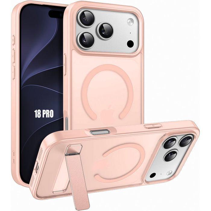 Coque pour iPhone 18 Pro, Protection avec Anneau Magnétique et Support - Translucide Rose