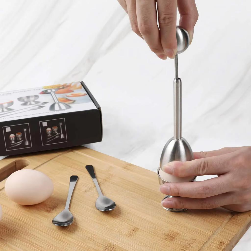 Kreativer Eieröffner Eierschalenöffner mit Eierablage-Set und Löffeln Edelstahl Eieröffner Frühstückswerkzeug Küchenzubehör