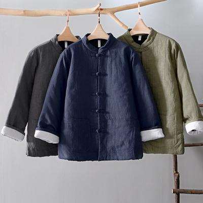Retro Chinese Stijl Heren Warme Gewatteerde Jas Harajuku Losse Effen Kleur Alles-match Katoen Linnen Knoopknoop Bovenkleding Jas Heren