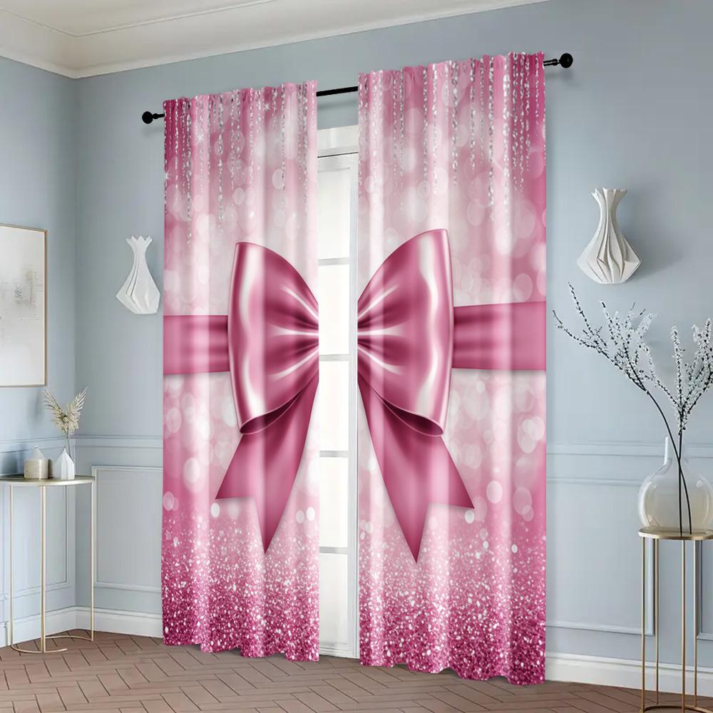 2pc,  Curtains Pink Bow Print Versatile Polyester Fabric,Without Electricity Family Party Suitable for Parties and Everyday