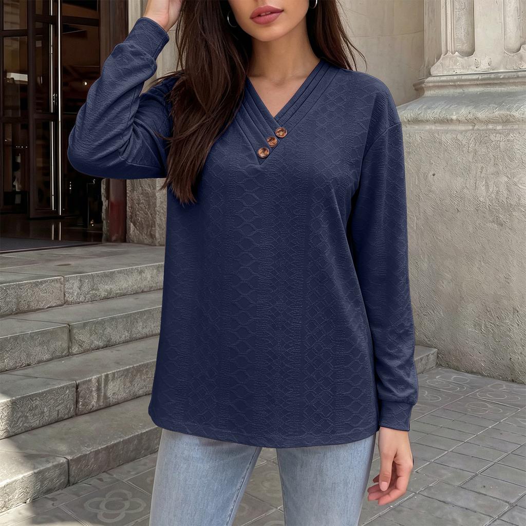 Women's V-Neck Button Front Long Sleeve Loose Fit Tunic Top for Casual Daily Wear