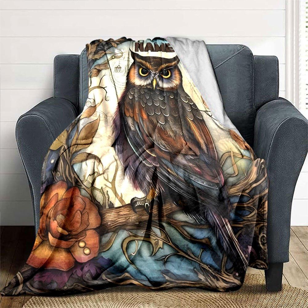 Mystical Owl With Autumn Leaves And Moonlight Lightweight Customizable Blanket Customize Text Warmthful Decor Versatile For Sofa Couch Office Bed