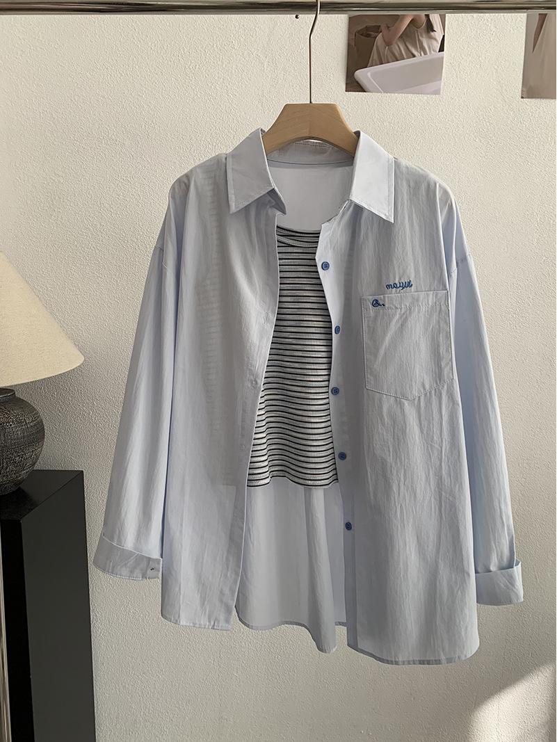 Oumalai Embroidered Lapel Long-Sleeve Shirt & Striped Vest Set One Size