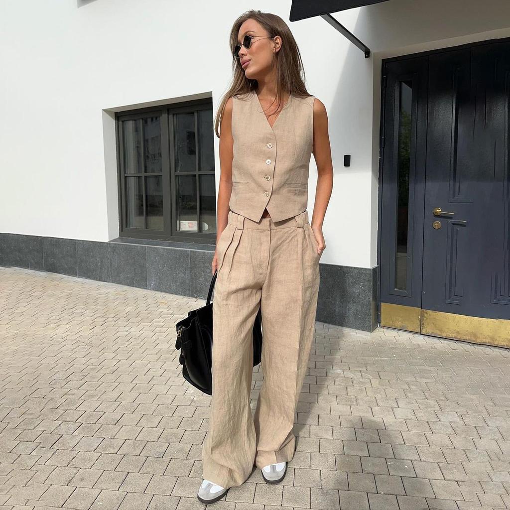 Women's Two-piece Vest Sleeveless Shirt High Waist Drawstring Pant Large Size Set Fashion Suits