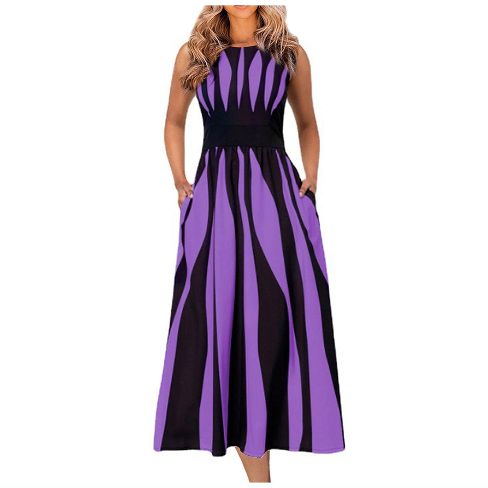 

Женское летнее модное повседневное полосатое платье с принтом, с круглым вырезом и закрытой талией, утягивающая юбка без рукавов фиолетовый