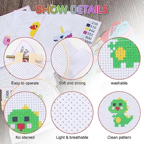 Ysimple Kids Cross Stitch Kit, 6 Animal Patterns DIY Embroidery Starter Kit for Beginners, Includes 2 Hoops, Crafts Sewing Art for Children & Adults