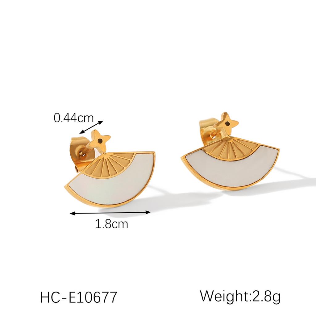 Fächerförmige weiße Muschel Anhänger Halskette für Damen, Nischen Design Titanstahl Ohrringe, eleganter Ohrschmuck, anlaufbeständig