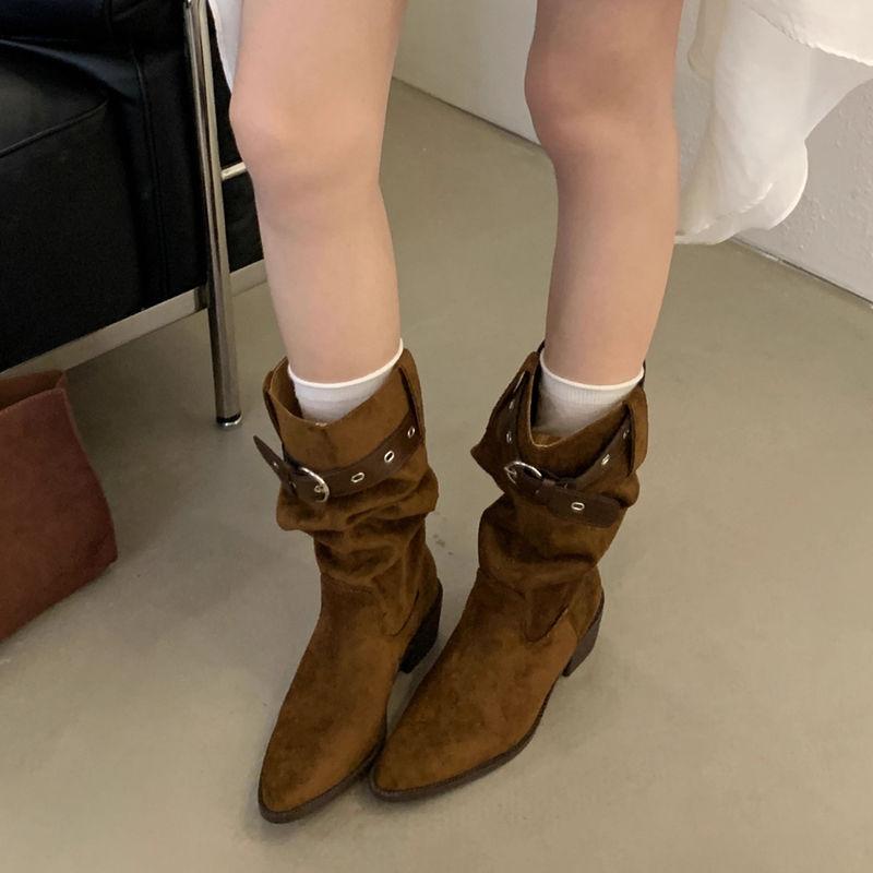 Thick Heel Pointed Head High Pleated Tube Stacking Boots Women's New Autumn and Winter Western Cowboy Medium Tube Knight Boots