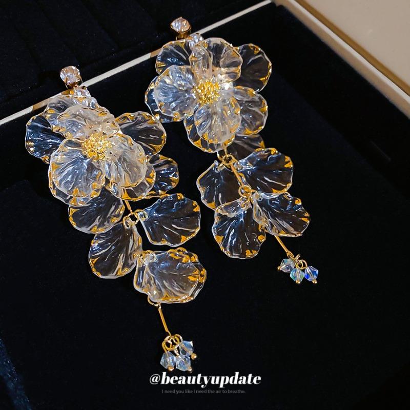 Silver Needle Diamond Acrylic Flower Fringed Earrings Super Immortal Sweet Temperament Exaggerated Earrings Light Luxury Premium Earrings