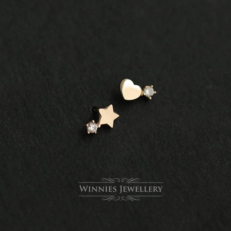 Wisy S925 Sterling Silver 14K Gold-Plated Heart & Star Asymmetrical Stud Earrings Gold Pair (with Silver Earplugs)