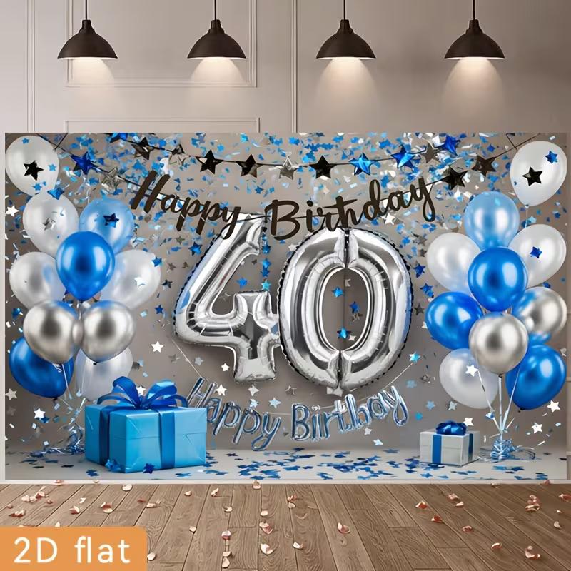 2D Blue Silver Balloon 40th Birthday Backdrop - Star Confetti Background Banner for 40th Birthday Celebration