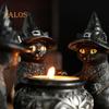 Black Cat Candle Holder Resin Halloween Cats with Witch Hats Candle Holder Vintage Candle Holder Tabletop Decoration Gift for Cat Lovers