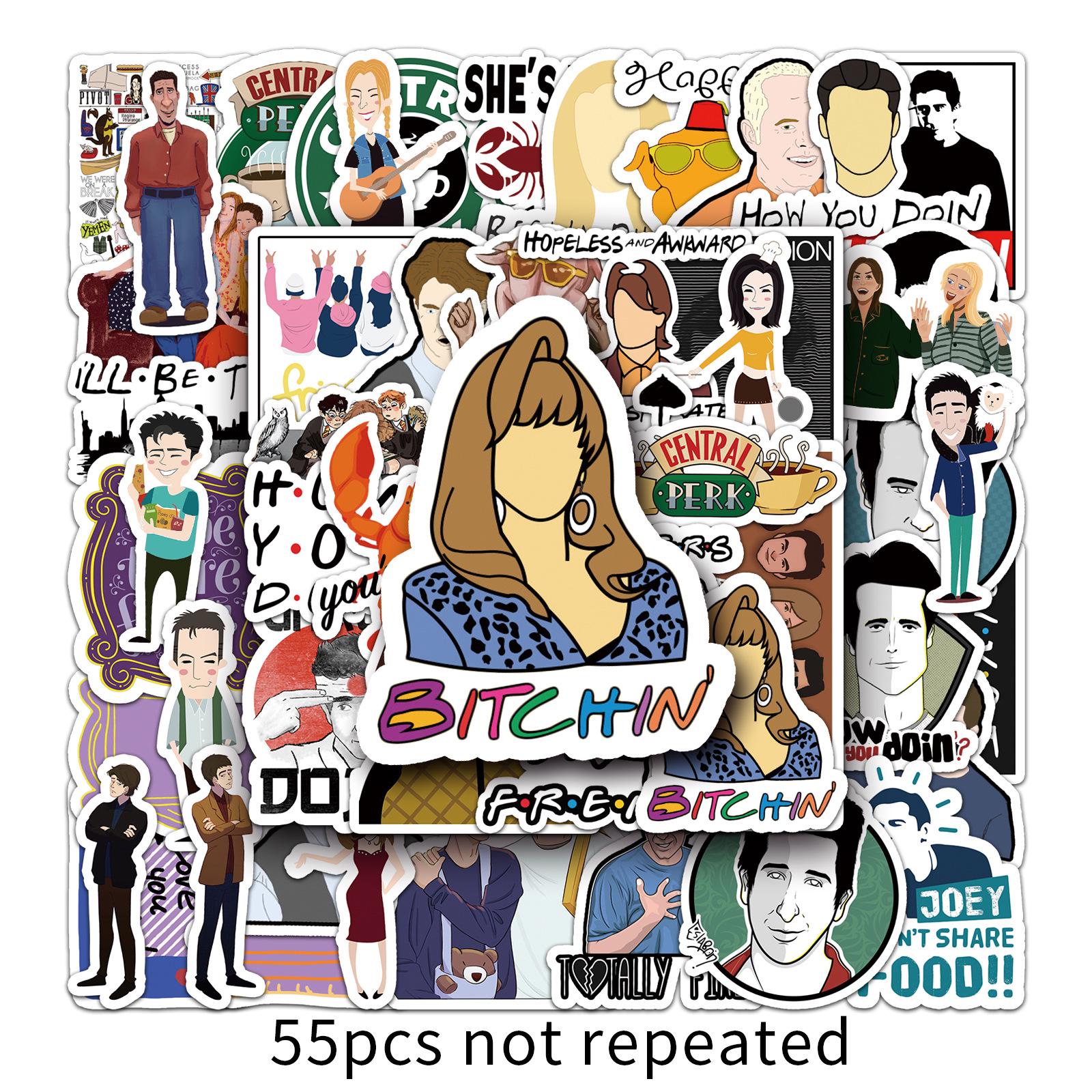 55-Piece Friends TV Show Sticker Set: Waterproof, Adhesive for Suitcases, Cups, and Refrigerators