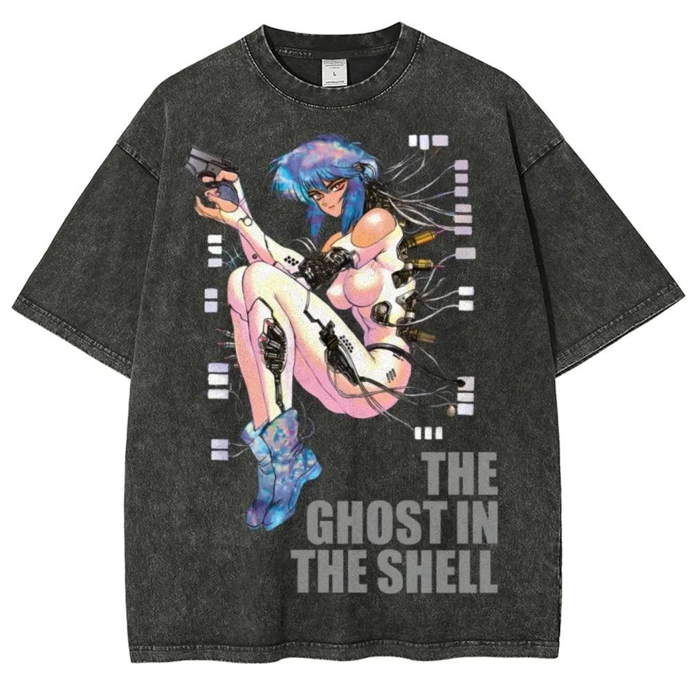 T-shirt Unisex Stile Punk Classico Stampa Anime Ghost in the Shell Cotone Lavato Vintage Casual Estiva Nuova T-shirt Corta