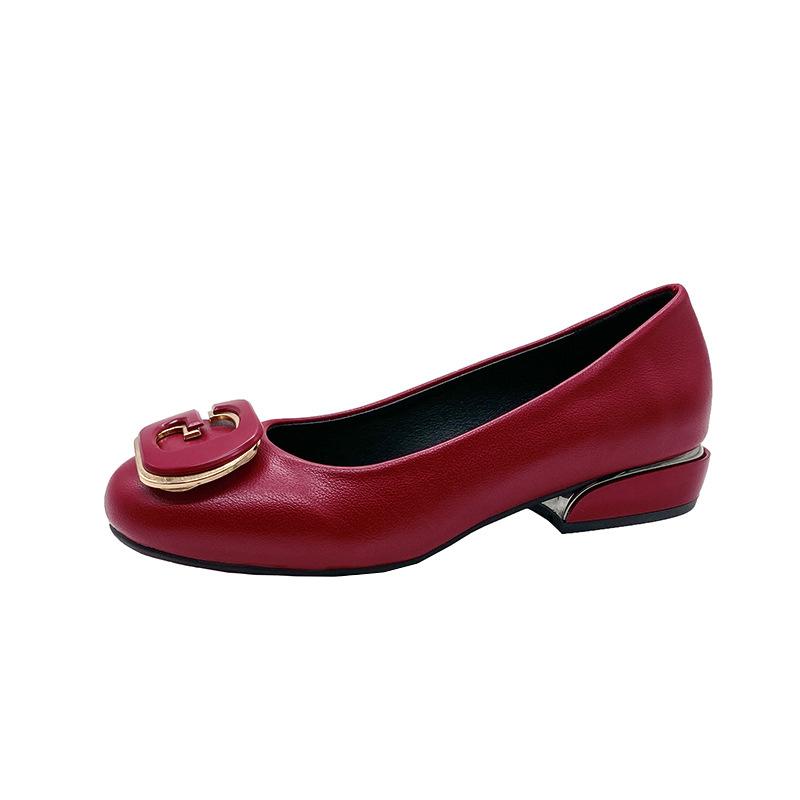 Coarse Heel Medium Soft Leather Pointed Versatile Leather Shoes Spring and Autumn Women's Shoes Medium Heel Shallow Mouth Square Buckle Single Shoes