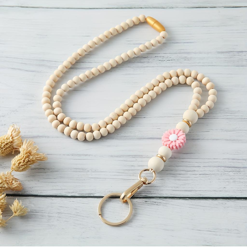 Wooden Beaded Keychain with Silicone Flower Charm - Stylish Lanyard Necklace for Keys, Badges, Light-Colored Beads & Golden Clasp, Key Necklace
