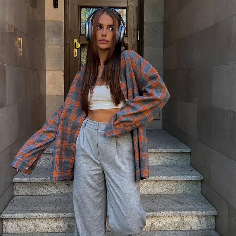 Plaid Turn-Down Collar Loose Long-Sleeve Women's Shirt for Spring/Autumn 2025