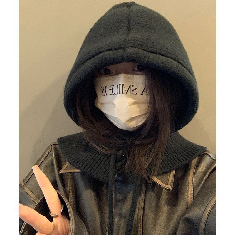 Korea Winter Hats and Scarf Set with Botton Scarf Balaclava Hat Warm Neck Set Women Knitted Wool Pullover Hat Gothic Y2k