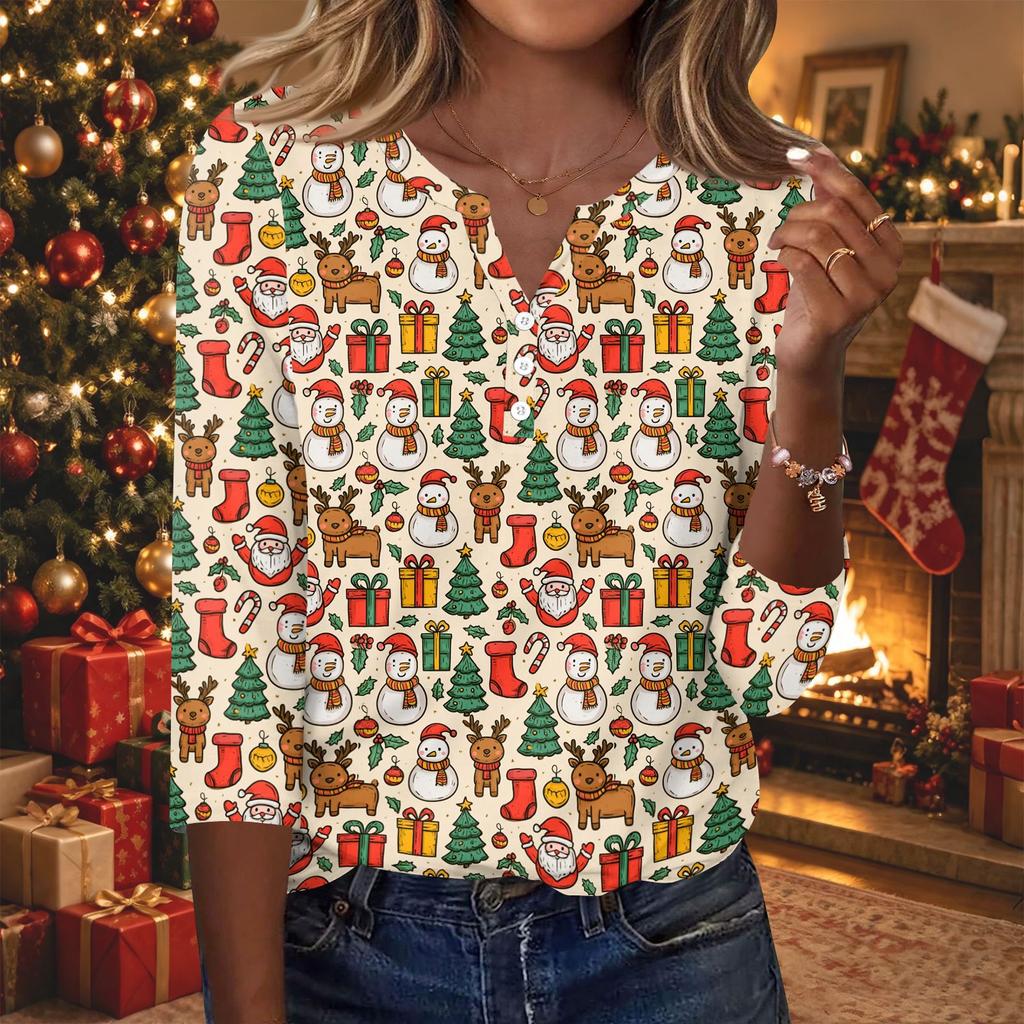 Women's Fashion Casual Christmas Print V-Neck Button 3/4 Sleeve T-Shirt Top for Holiday