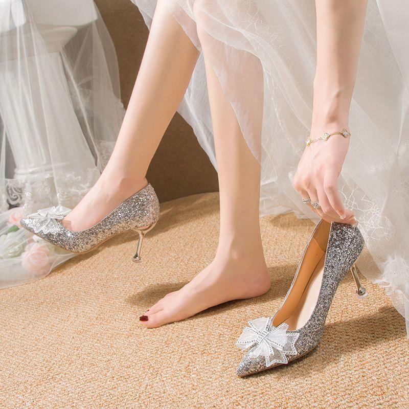 stiletto bow bridesmaid crystal high heels Mary Jane single shoes French wedding dress wedding shoes 2025 spring and autumn new