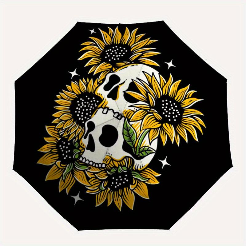 

1pc Skull Sunflowers Auto Open/close, All-Season Portable Folding Umbrella for Women & Men, Travel, Everyday, Formal Events - Compact Luxury Parasol,