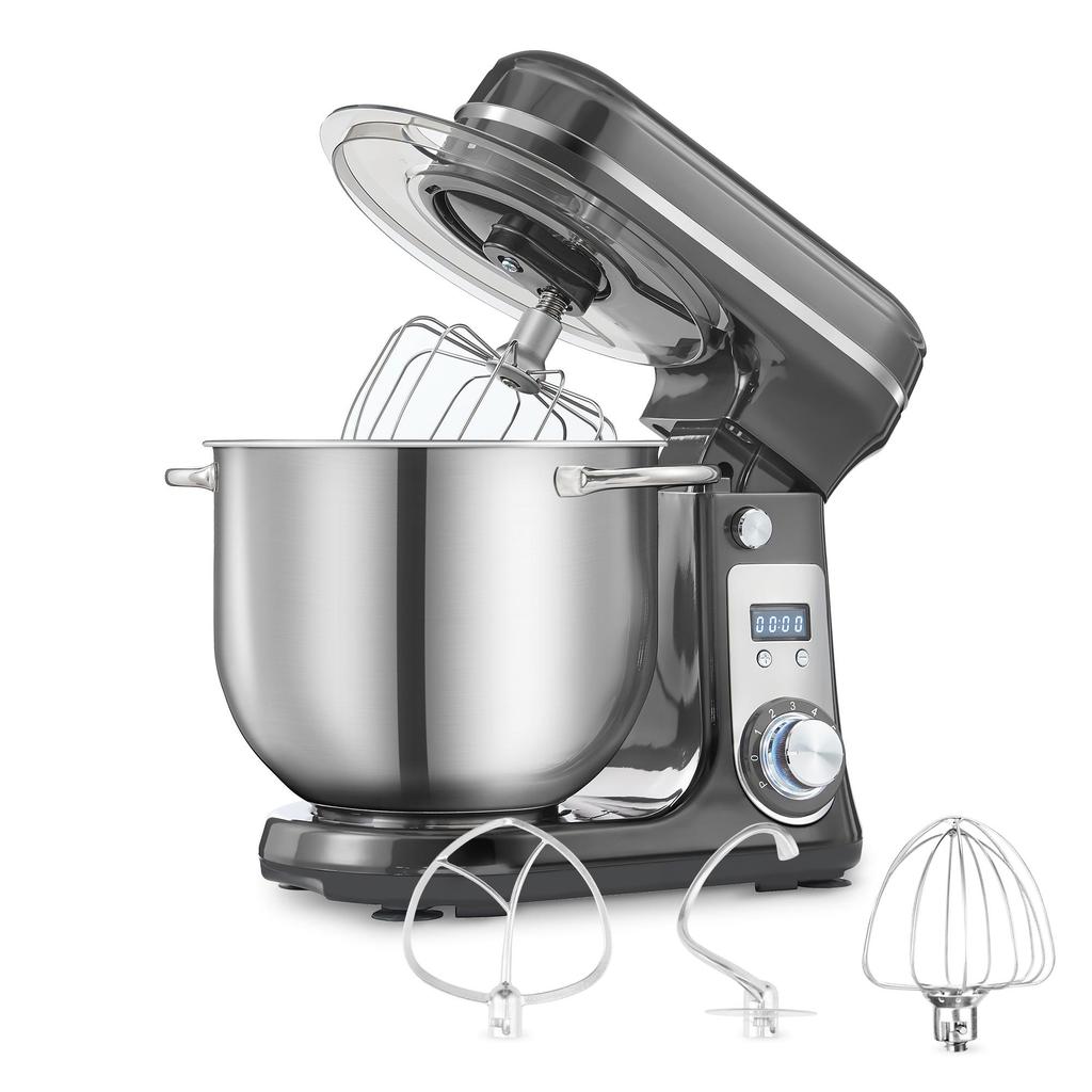 Biolomix Stand Mixer, 1200W DC Quiet Motor 6L Stainless Steel Bowl, 6+Pulse Speeds Electric Kitchen Mixer with LCD Timer, Dough Hook, Beater, Whisk