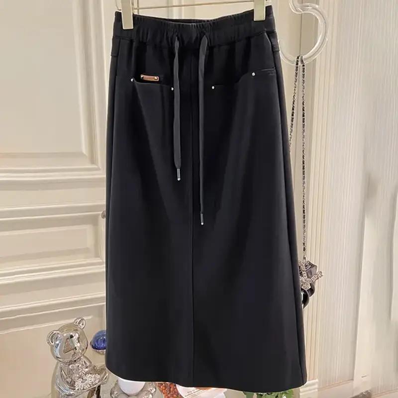 Юбка для женщин Повседневная Универсальная Эластичная С высокой талией Длинные Свободные Брюки Эластичная Приталенная Юбка XL чёрный
