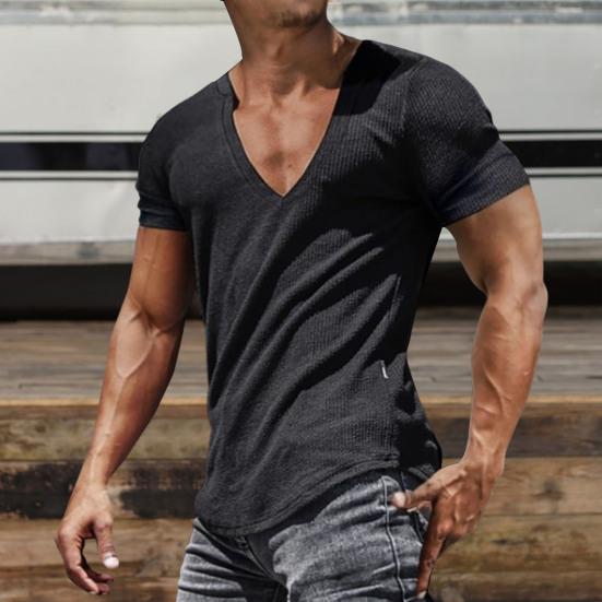 Men Shirt V-Neck Solid Color Breathable Sweat Absorption Quick Dry Dress-up Washable Summer Men Sports T-Shirt Pullover Top for Men