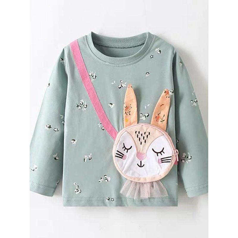 Cartoon-Style Girls' T-Shirt, New Spring Fashion, Stylish Three-Dimensional Outerwear, Pure Cotton, Cute Rabbit Embroidery, Base Shirt