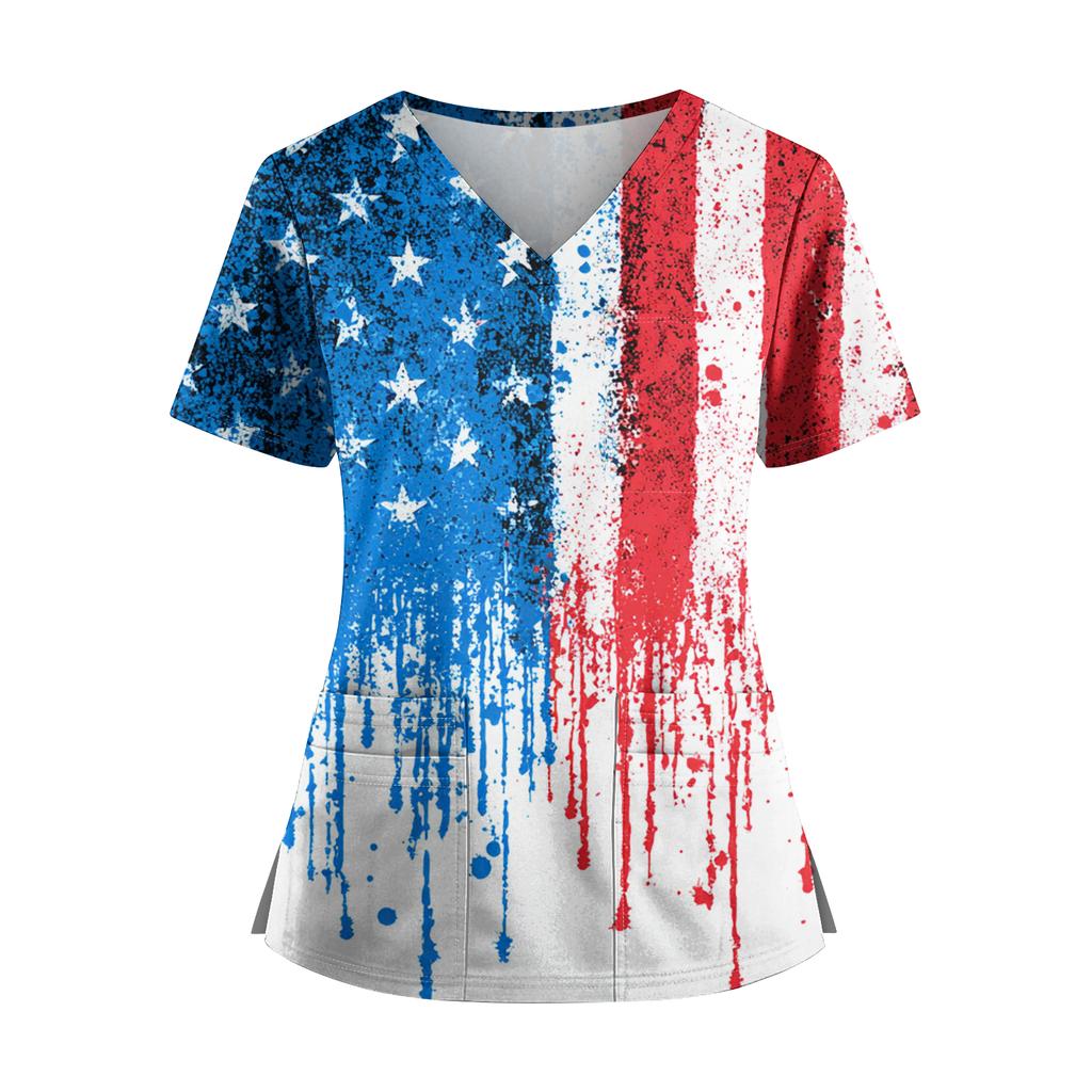Women's Independence Day Print V-Neck Double Pocket Short Sleeve Uniform with Slit Hem - Caregiver Top